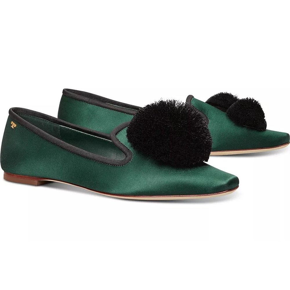 Tory Burch Emerald Green Satin Pom-Pom Flats with Black Trim